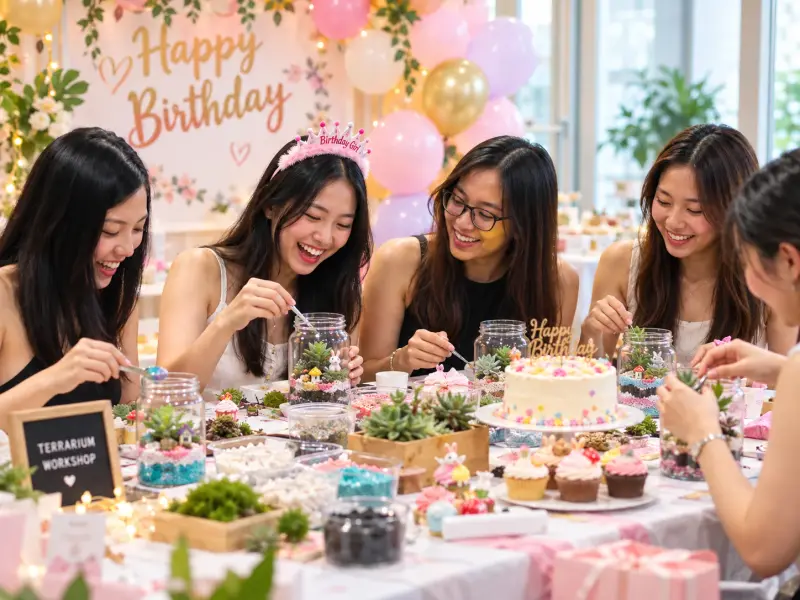 Friends build terrariums together at a birthday party