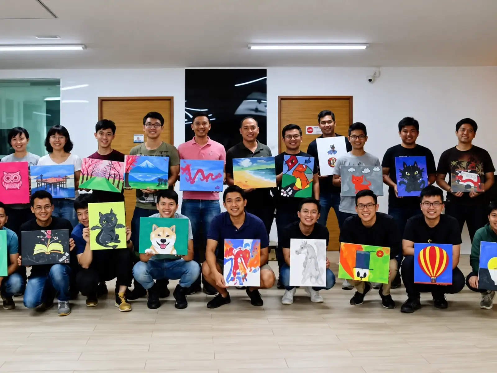 RSAF servicemen hold up their finished canvases at FunEmpire HQ
