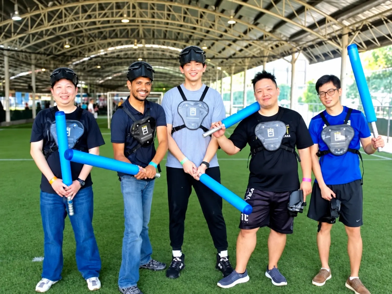 Two Honeywell staff duel with foam sabers on sheltered turf