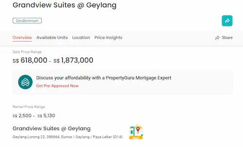 Grandview Suites @ Geylang - Freehold Condo Singapore (Credit: Property Guru)