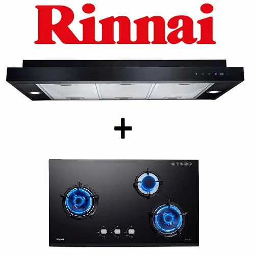 Rinnai RH-S329-PBR-T Slim Hood & RB-93UG 3-burner Glass Hob - Cooker Hood Singapore (Credit: Lazada)