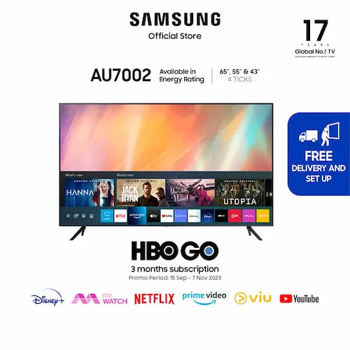 Samsung 43″ AU7002 UHD 4K Smart TV - Smart TV Singapore (Credit: Lazada)