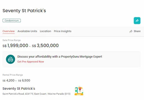 Seventy St Patrick’s – Marine Parade Condo Singapore (Credit: Property Guru)