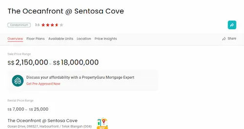 The Oceanfront @ Sentosa Cove - Sentosa Condo Singapore (Credit: Property Guru)