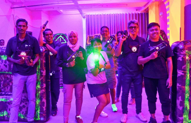 laser tag players wearing dark colours