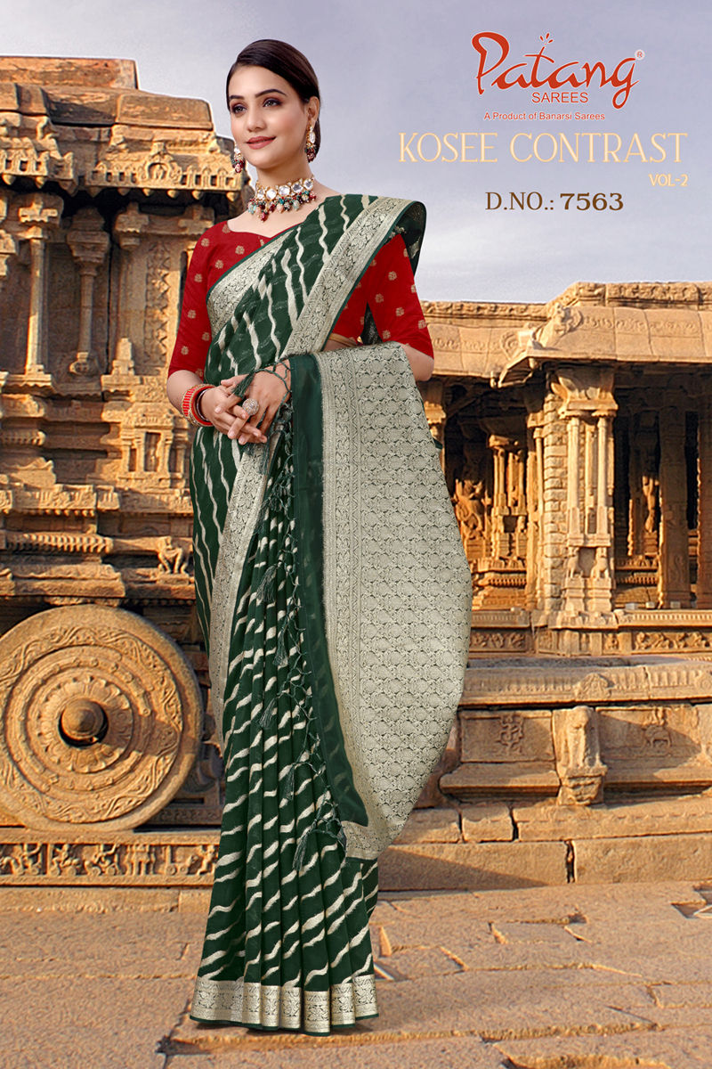 Bottle Green Organza Saree With White Color With Sequence Work Zig-Zag  Pattern - House of Surya