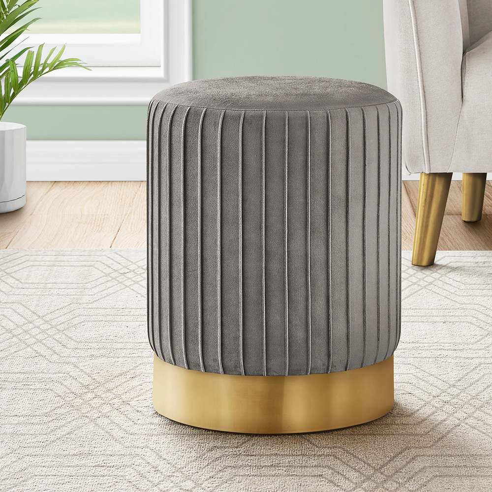 Dark Grey Velvet Ottoman Stool with Gold Metal Base 1