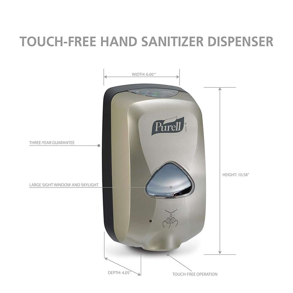 Purell TFX ABS Plastic Touch Free Sanitizer Dispenser (Nickel 6 x 10.5 x 4") 1