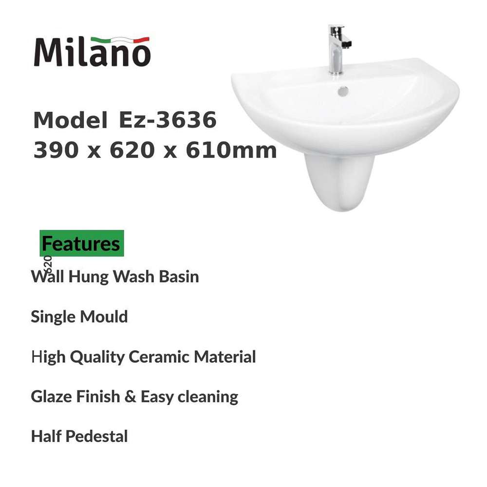 Milano EZ-3636 140500200288 Wall Hung Wash Basin with Chrome Push Plate - White 1