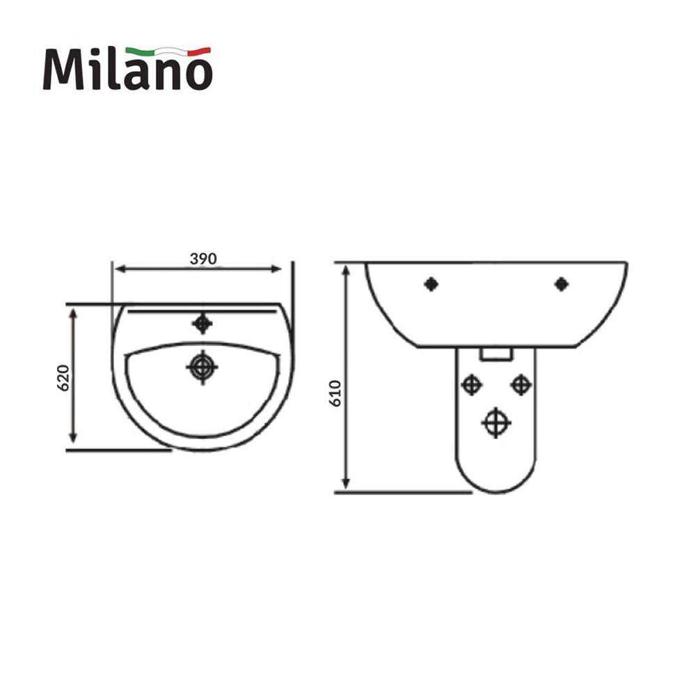 Milano EZ-3636 140500200288 Wall Hung Wash Basin with Chrome Push Plate - White 2