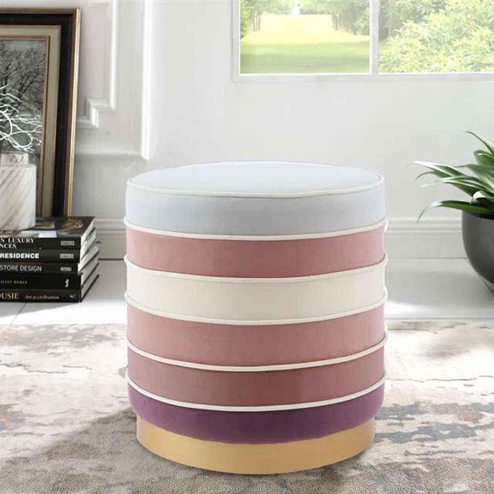 Ottoman Stool, Pink and White Horizontal Striped Velvet 3