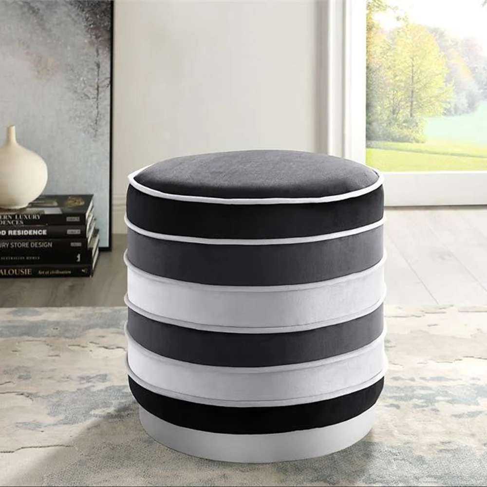 Ottoman Stool, Black, Grey and White Horizontal Striped Velvet 2