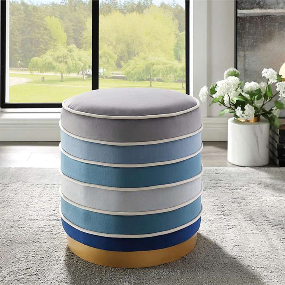 Ottoman Stool, Blue and White Horizontal Striped Velvet 2