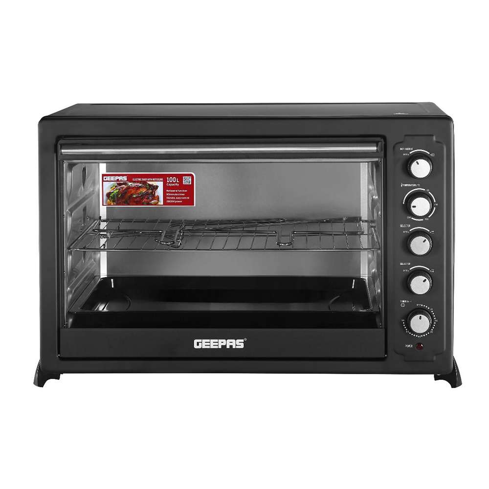 Geepas 100L Electric Oven - 2800W Electric Oven With Rotisserie And Convection Functions | Grill Function 60 Minute Timer & Inside Lamp | 5 Control Knobs | 0