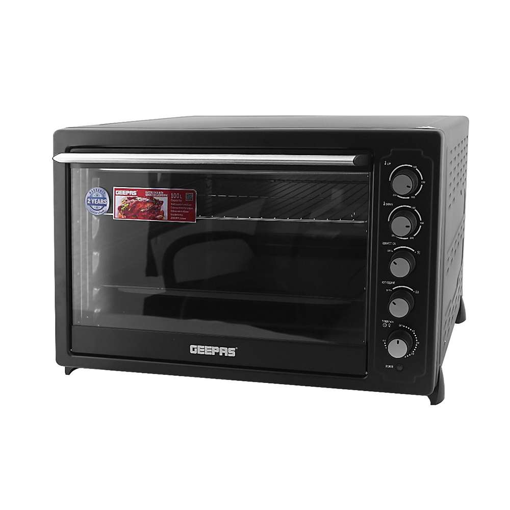 Geepas 100L Electric Oven - 2800W Electric Oven With Rotisserie And Convection Functions | Grill Function 60 Minute Timer & Inside Lamp | 5 Control Knobs | 3