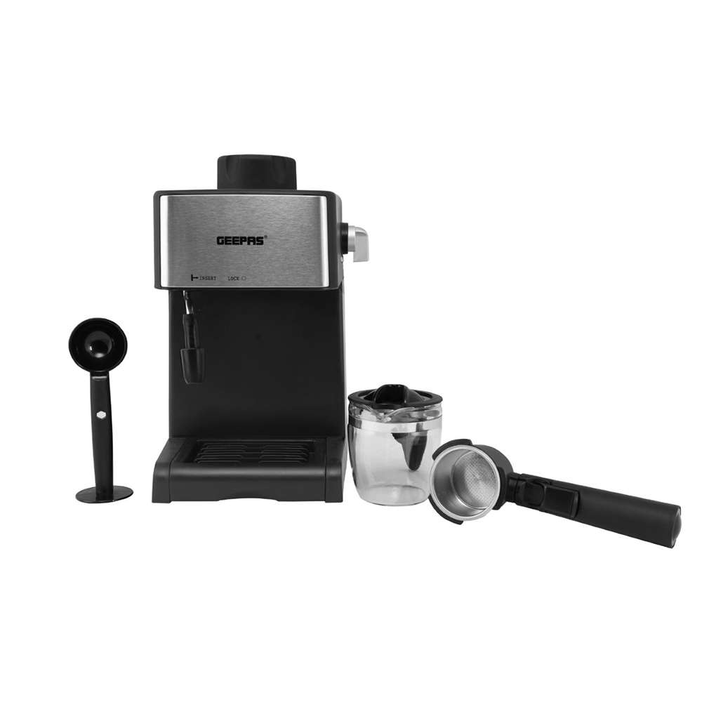 Geepas 240ML Cappuccino Maker 800W - 4 Cup Stainless Steel Filters Aluminium Alloy Boiler Over Pressure Protected Indicator On\Off Lights 2 Cup Dispense Detachable Drip Tray 1