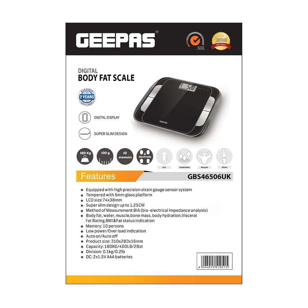 ميزان قياس دهون الجسم (GBS46506UK) من (Geepas)  الرقمي عالي الدقة لوزن الجسم و كتلة الدهون الحشوية و العضلات و رطوبة الجسم وكتلة العظام 3