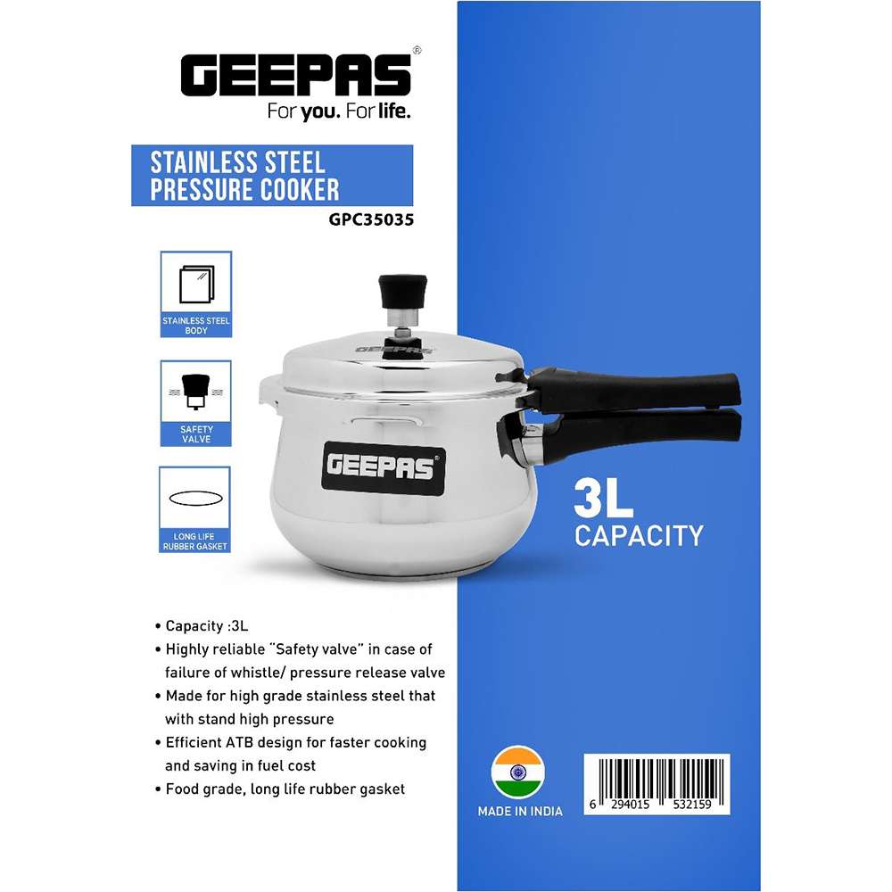 Geepas 3L stainless Steel Pressure Cooker - Cool Touch Handle & Safety Valves with Rubber Gasket | Perfect for Boiling Steam Braise Stew & Roast 2