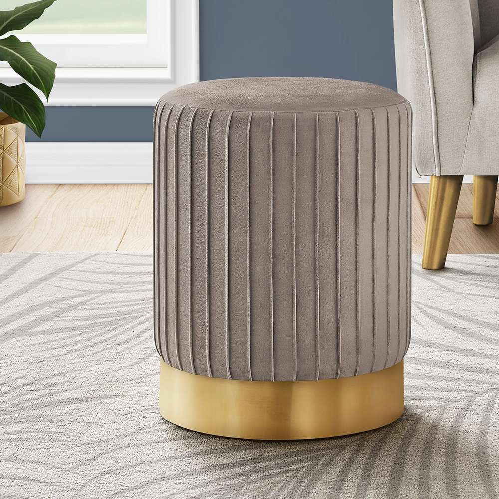 Light Brown Velvet Ottoman Stool with Gold Metal Base 1