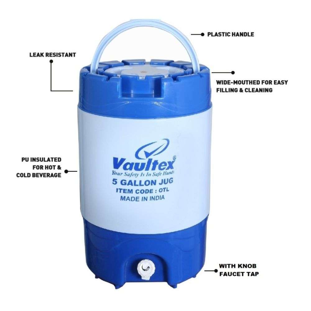 Vaultex Water Camper Jug, PU Insulated Hot & Cold, 5 Gallon 18.90 Litre, Knob Faucet Tap, Wide-Mouth Lid, Blue/White, OTL, Made in India
