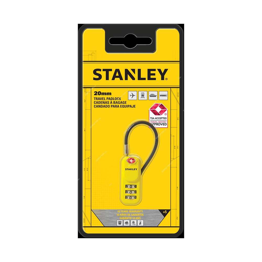 قفل الأمان الأصفر ذو السلك (Stanley) المطلي بالزنك قياس (20mm) و المكون من ثلاثة أرقام بمعايير إدارة أمن النقل (TSA) 2