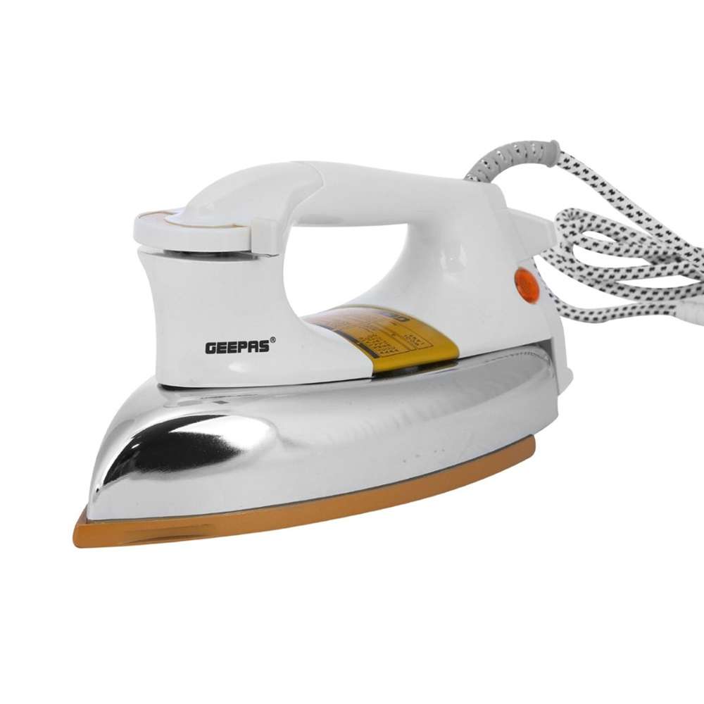 Geepas 1200W Automatic Dry Iron Anti-Shock Handle & Thermostat Pilot Lamp - White/Silver/Gold 0