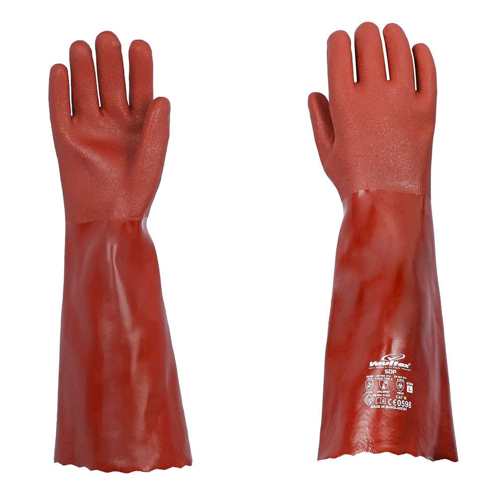 قفازات فولتكس (SOP) المزدوجة من مادة (PVC) للاستخدامات الكيميائية طول (45Cm) باللون الأحمر قياس (M) و المكونة من (12Pair) زوج 2