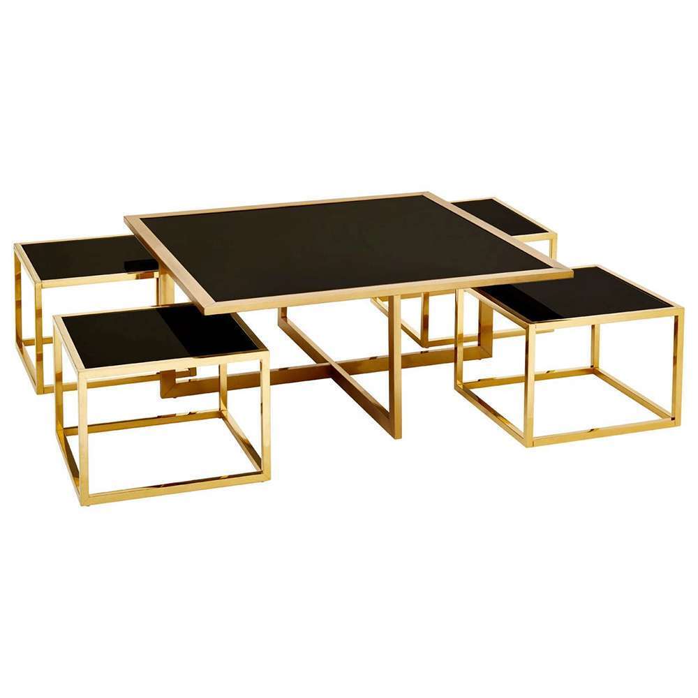 Black Glass Stainless Steel Gold Coffee Table with Four Nesting Tables 0