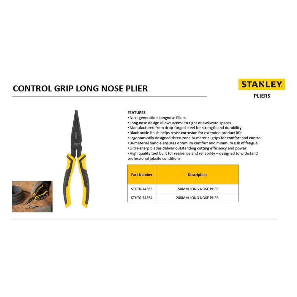 Stanley STA074363 150mm Flat Long & Snipe Nose Pliers - Yellow 8