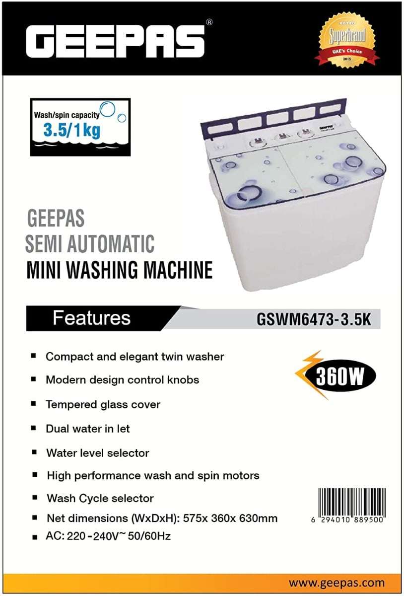 Geepas 3.5Kg Semi-Automatic Washing Machine 2-In-1 Mini Compact Twin Tub Spinner Combo with Timer Control 6