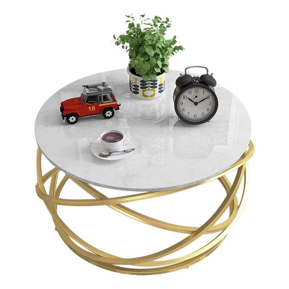 Coffee Table Round White with Beige Marble Top Steel Gold Legs Finish 0