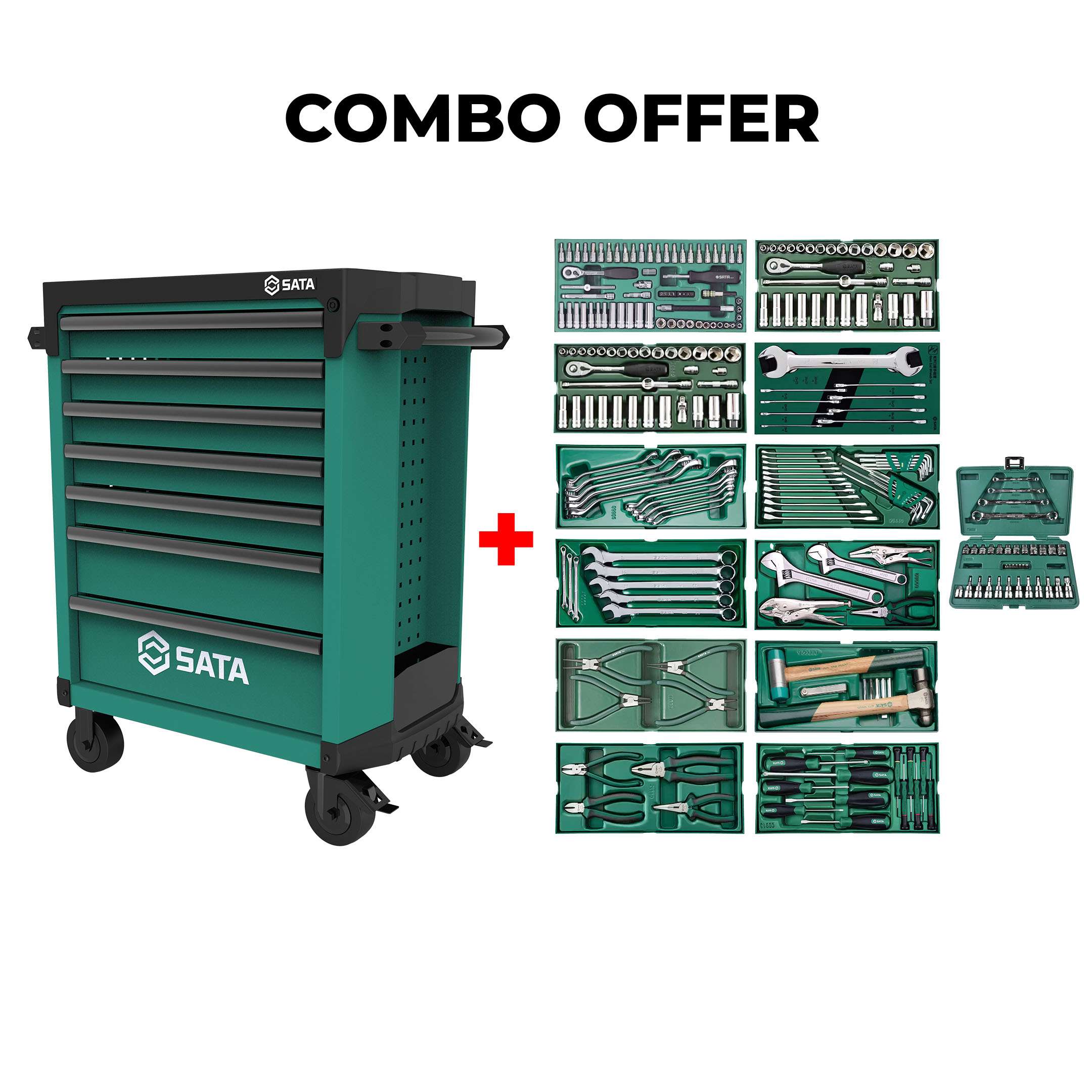SATA Bundle 285 Tools Tray Set With 7 Drawer Green Roller Cabinet 0