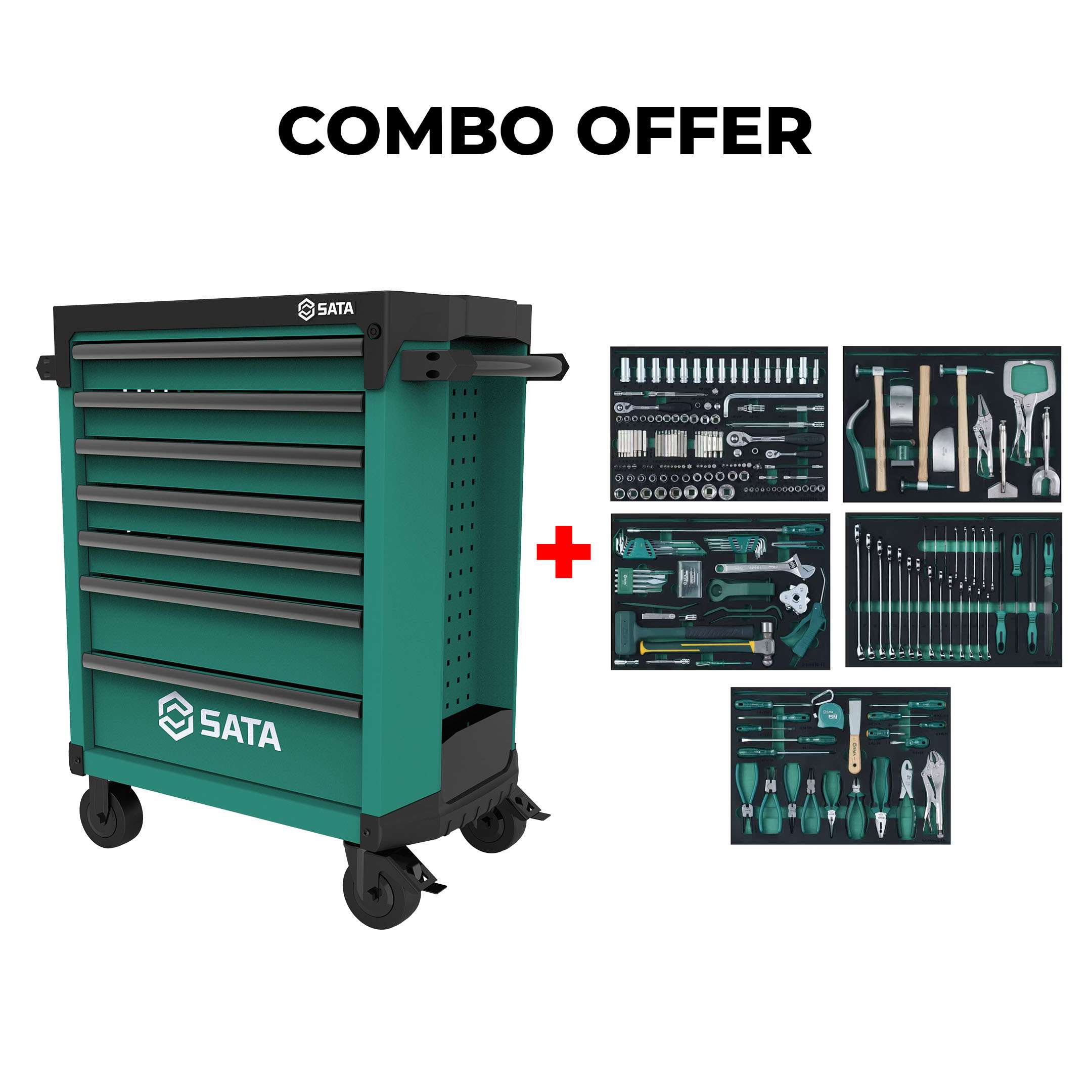 SATA Bundle 249 Master Bodyshop Tool Set With 7 Drawer Green Roller Cabinet 0