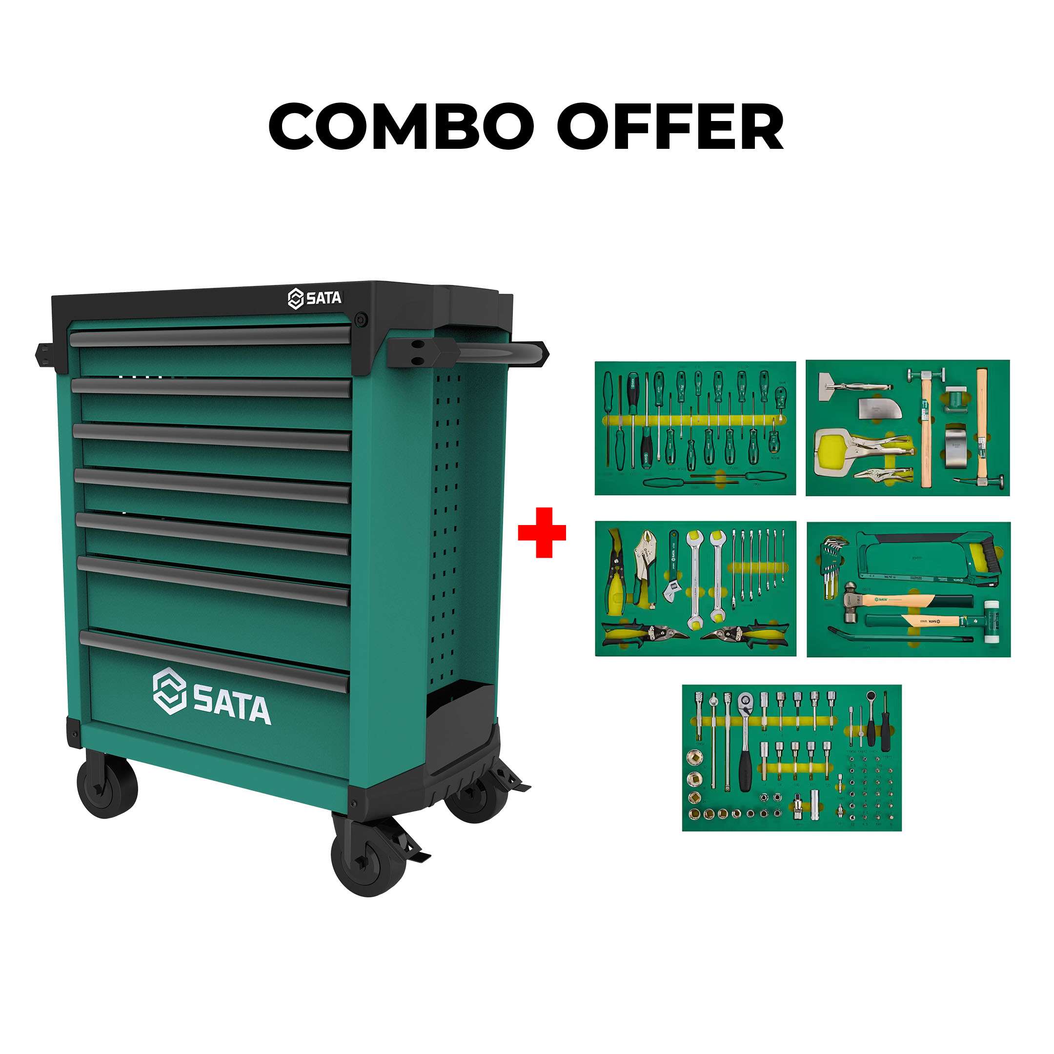 SATA Bundle 103 General Tool Set With 7 Drawer Green Roller Cabinet 0