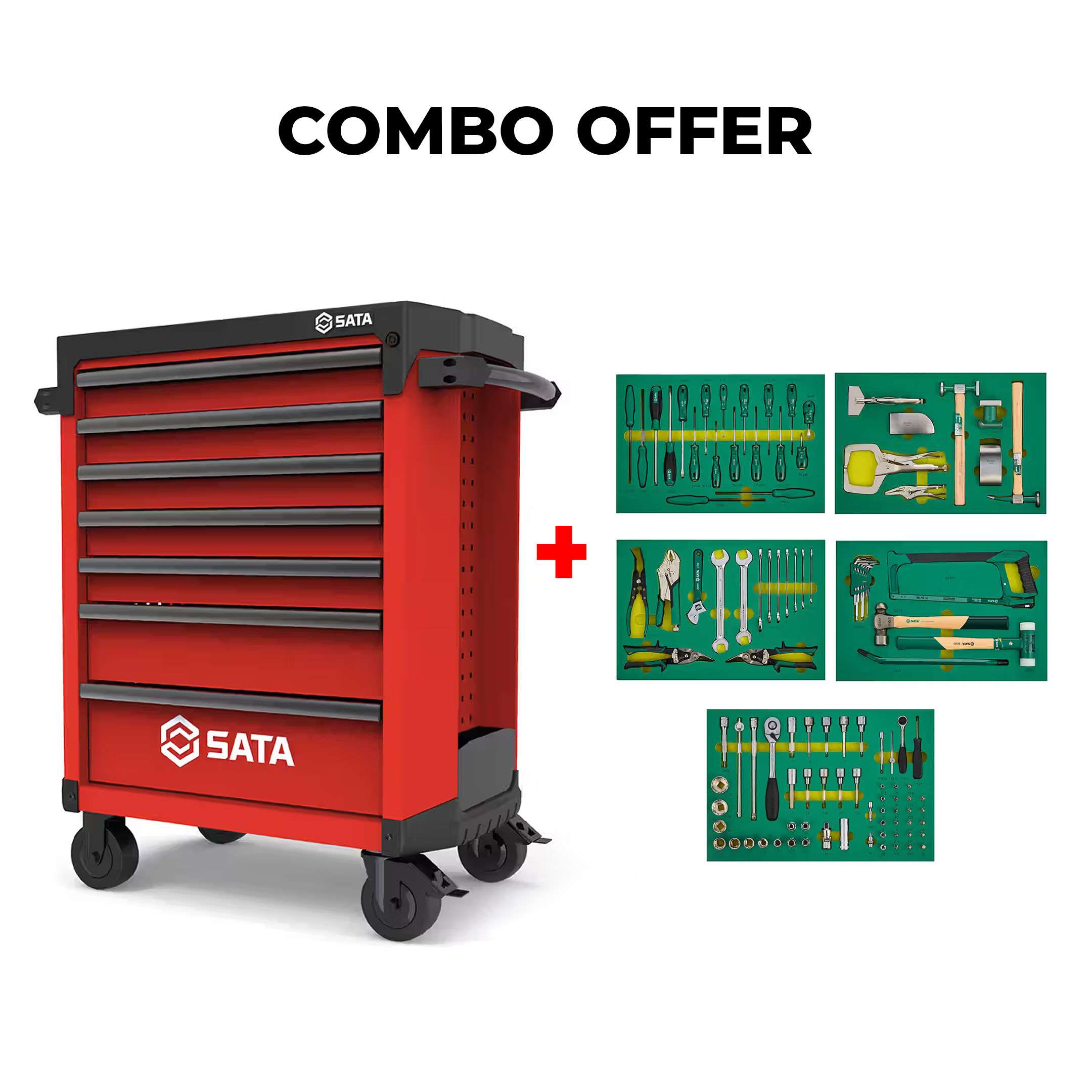 SATA Bundle 103 General Tool Set With 7 Drawer Red Roller Cabinet