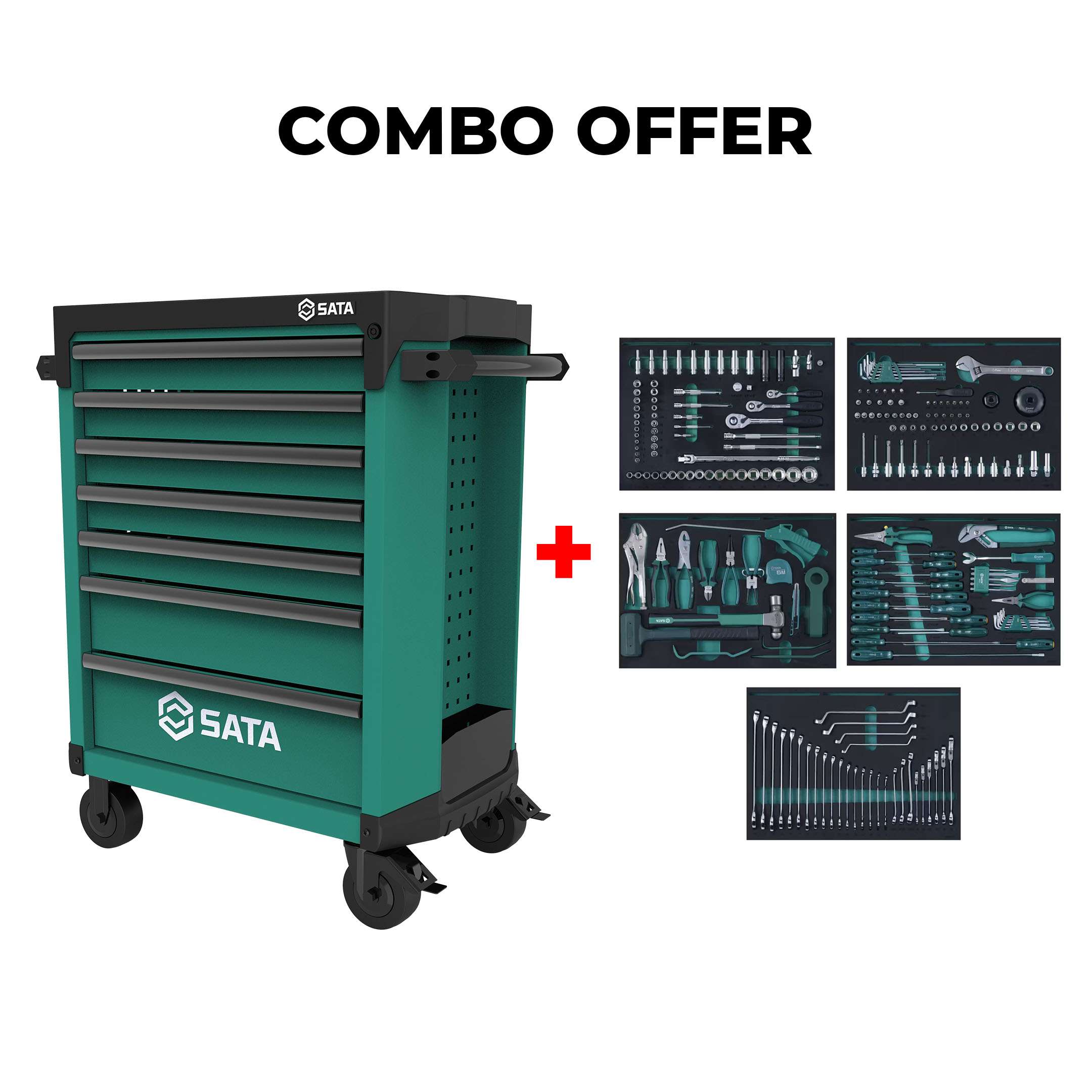 SATA Bundle 239 Automotive Master Tool Set With 7 Drawer Green Roller Cabinet 0