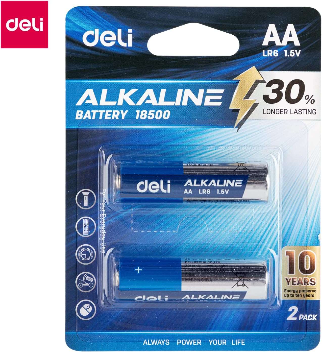 Deli Alkaline Batteries, AA Size (LR6), 1.5V, 30% Longer Lasting, Mercury-Free, Ideal for High Power Consumption, Blue & Silver - Pack of 2