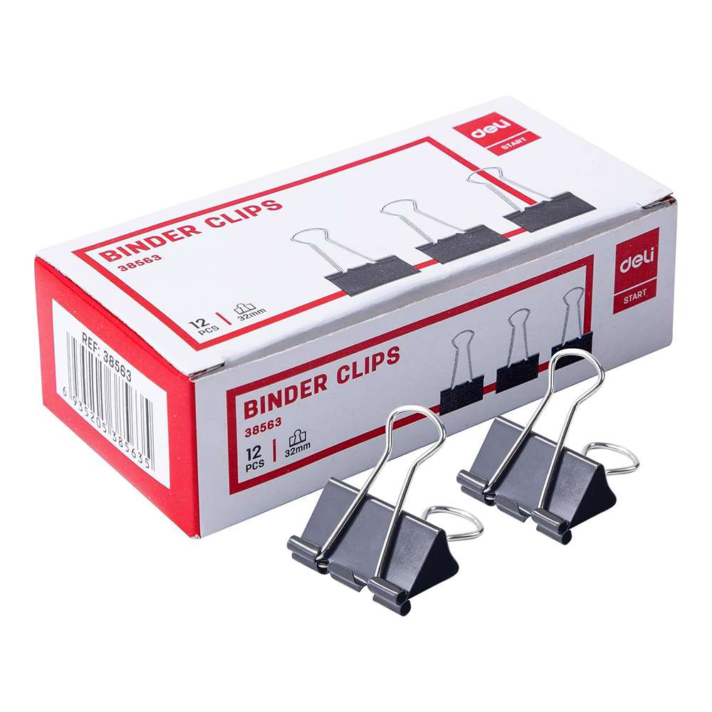 Deli Binder Clips, Strong Grip, 32 mm, Document Organiser, Ideal for School & Office Paper Management, Black – Pack of 12 Clips 0