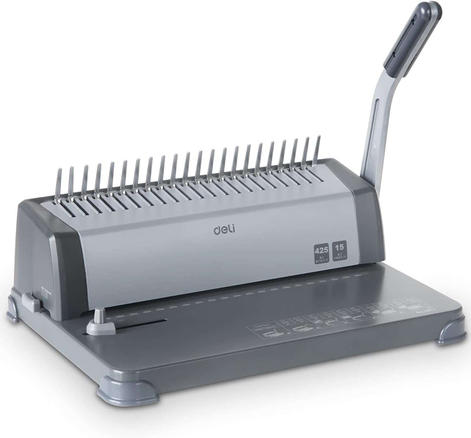 Deli Comb Binding Machine, 15-Sheet Punch, 425-Sheet Binding, Adjustable Edge Guide, 21 Holes, Ideal for File Binding in Office & Retail Purpose - Grey 2