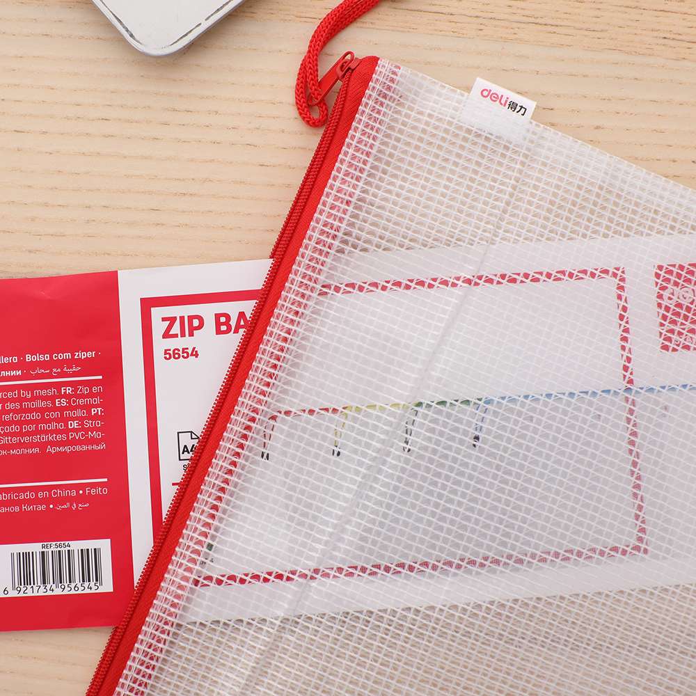 Deli Mesh Zip Bag, A4, Long & Secure Zipper, Keep Stationery and Consumables Organized, Ideal for School & Home Use - Transparent 2