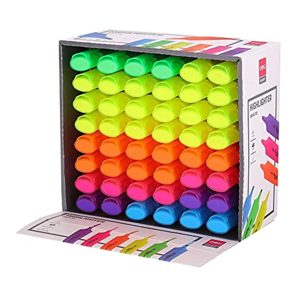 Deli Highlighter Set, Chisel Tip, Smudgeproof Ink, Easy-to-Grip, Ideal for Classrooms & Office, Assorted Colors – Pack of 48