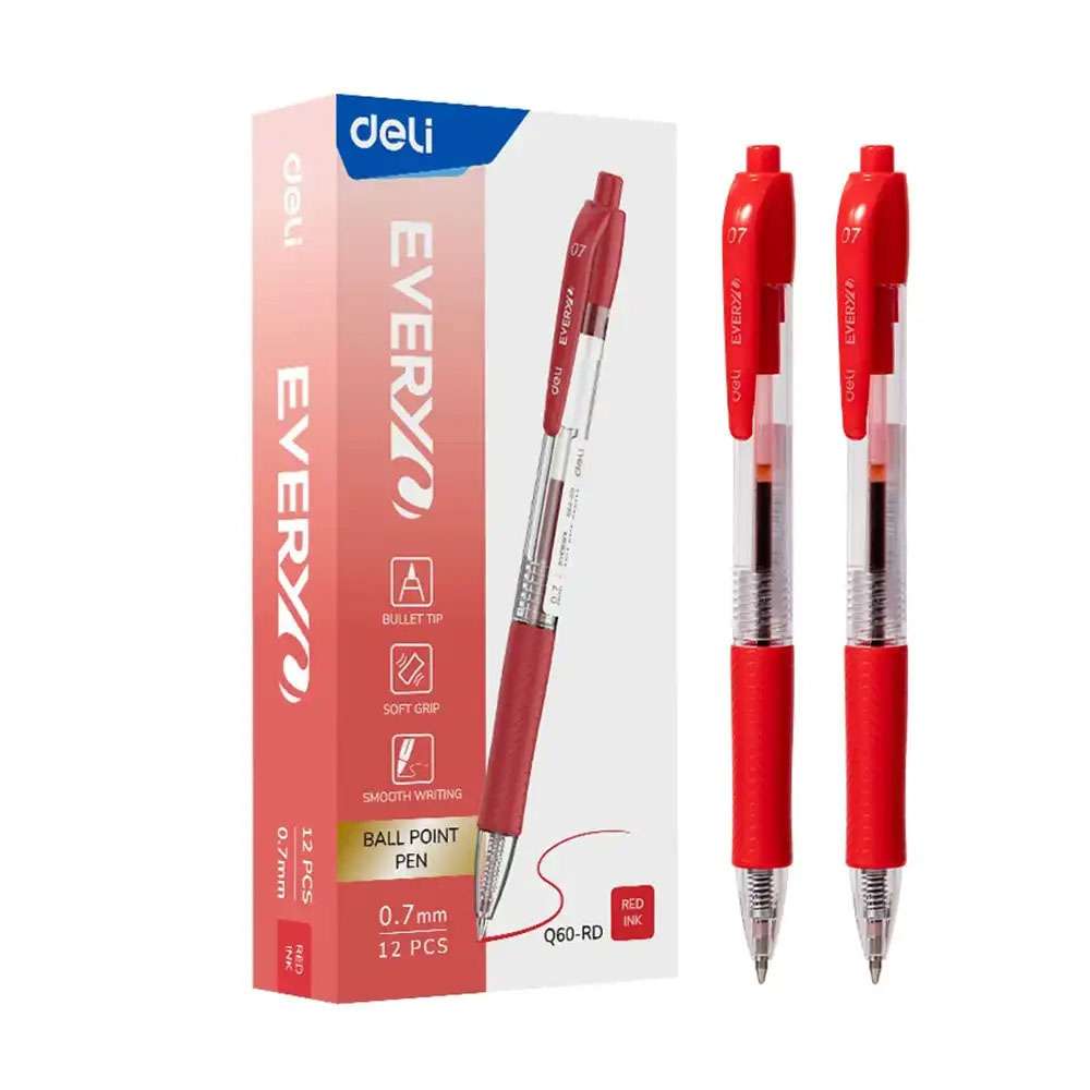 Deli Retractable Smooth Ballpoint Pen, 0.7mm, Smooth Ink, Durable Quality, Red – Pack of 12 0