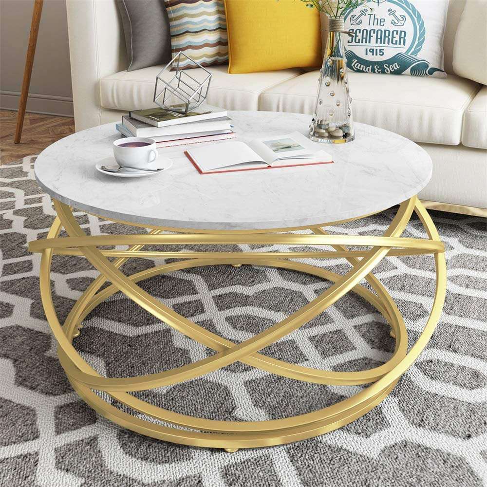 Coffee Table Round White with Beige Marble Top Steel Gold Legs Finish 4