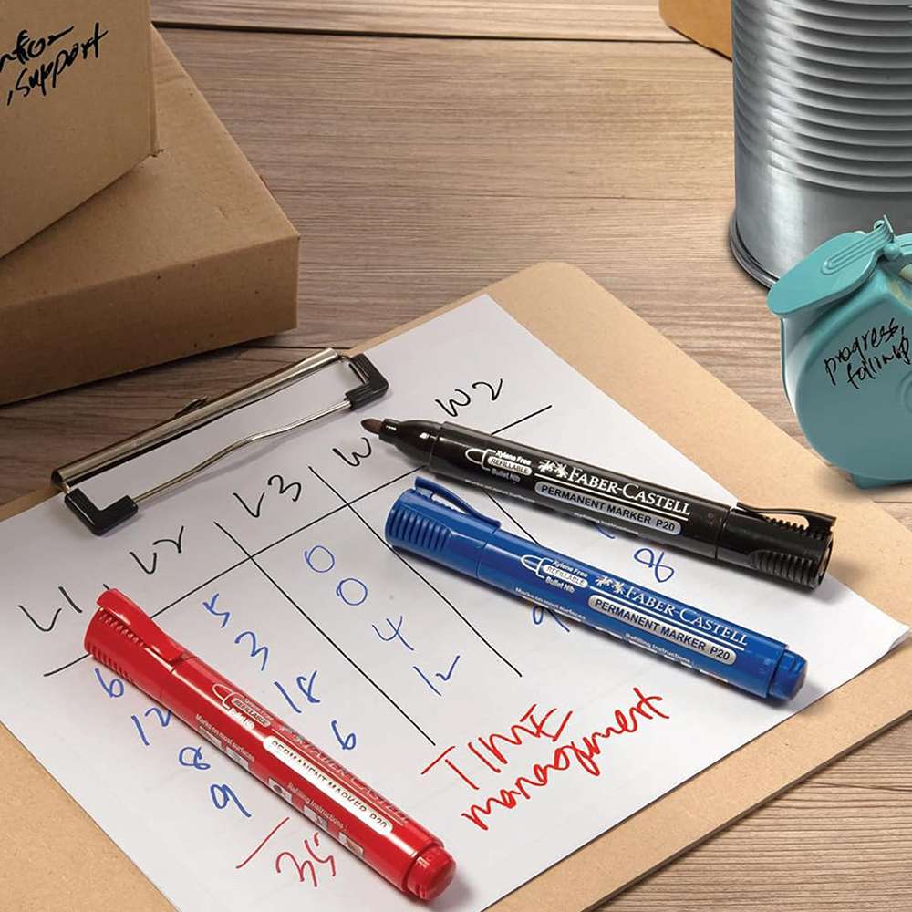 Faber-Castell Permanent Markers, Multimark, Smooth Flow, Medium Marking, Comfortable Grip, Ideal for Labelling & Marking in School & Office, Assorted - Wallet of 4 6