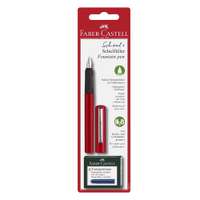 Faber-Castell School+ Schulfuller Fountain Pen with Cartridge, Medium Nib, Smooth Flow, Smudge Free, Ideal for School & Home Use, Red Body & Royal Blue Cartridge - Pack of 1 + 6