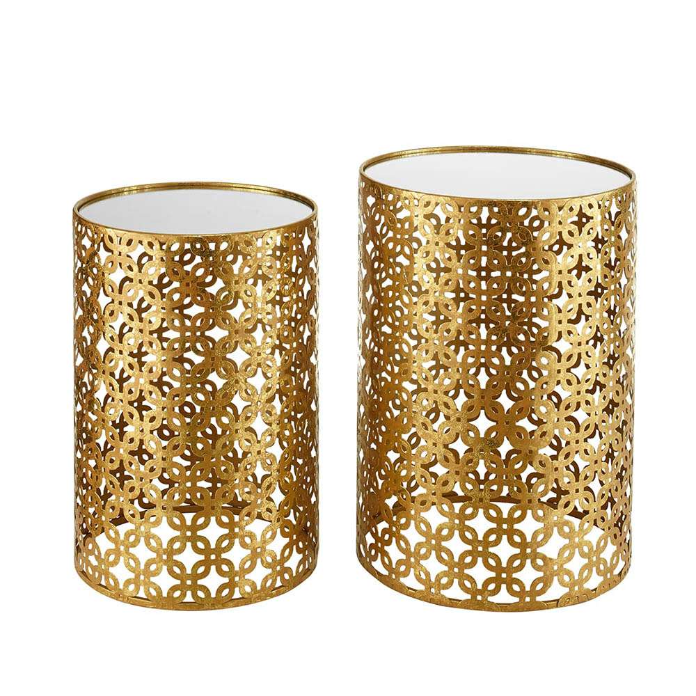 2 Round Side Tables with Marble Top Stainless Steel Gold Finish Base 1