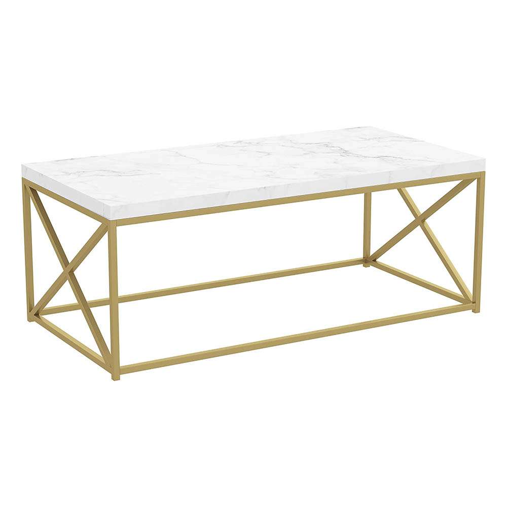 Rectangle Coffee Table White with Black Marble Top Steel Gold Legs Finish 0