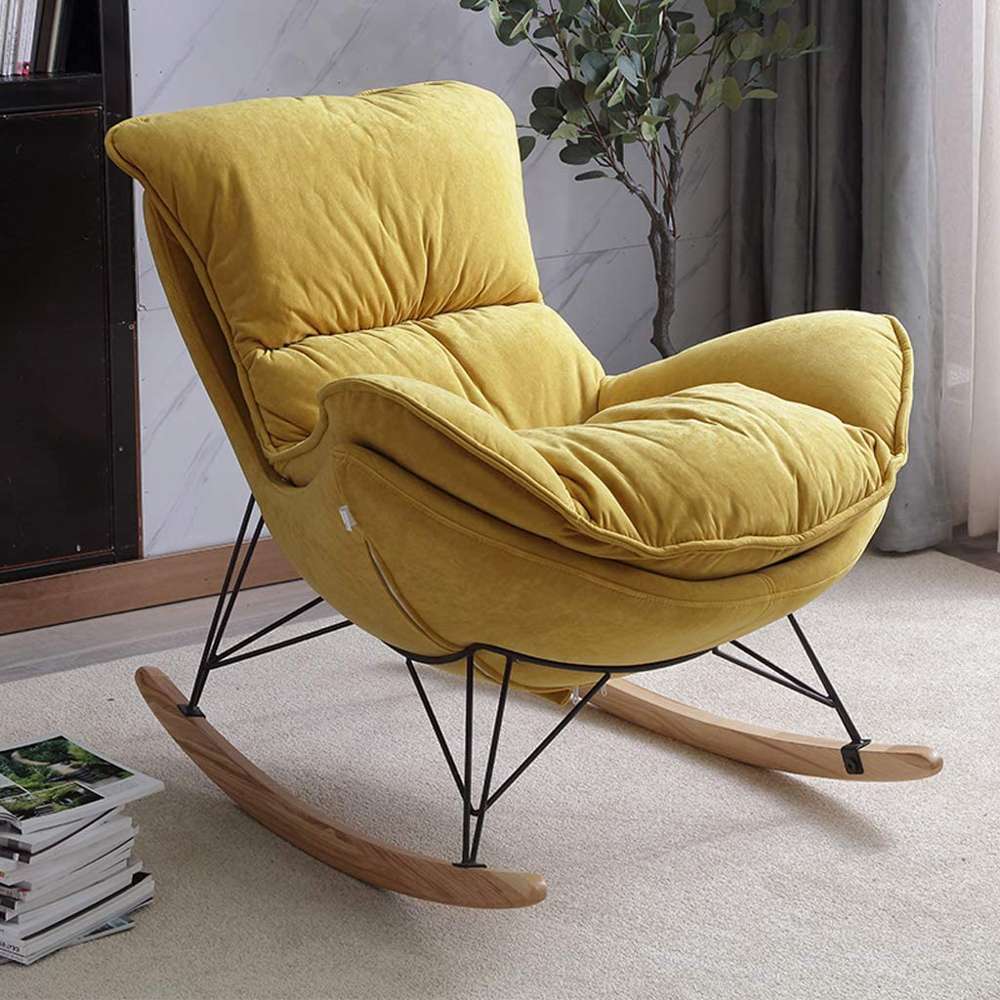 Nordic Rocking Chair with Soft Yellow Fabric Made 0