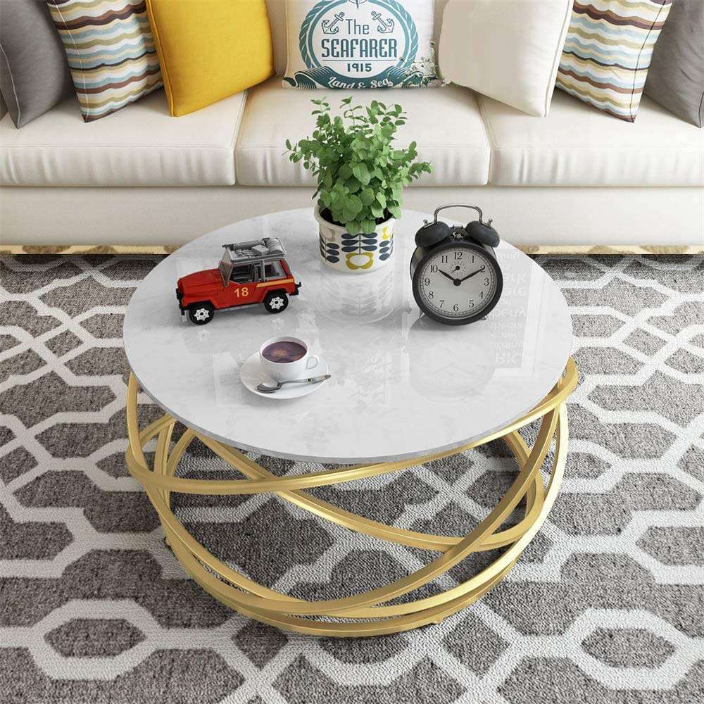 Coffee Table Round White with Beige Marble Top Steel Gold Legs Finish 3