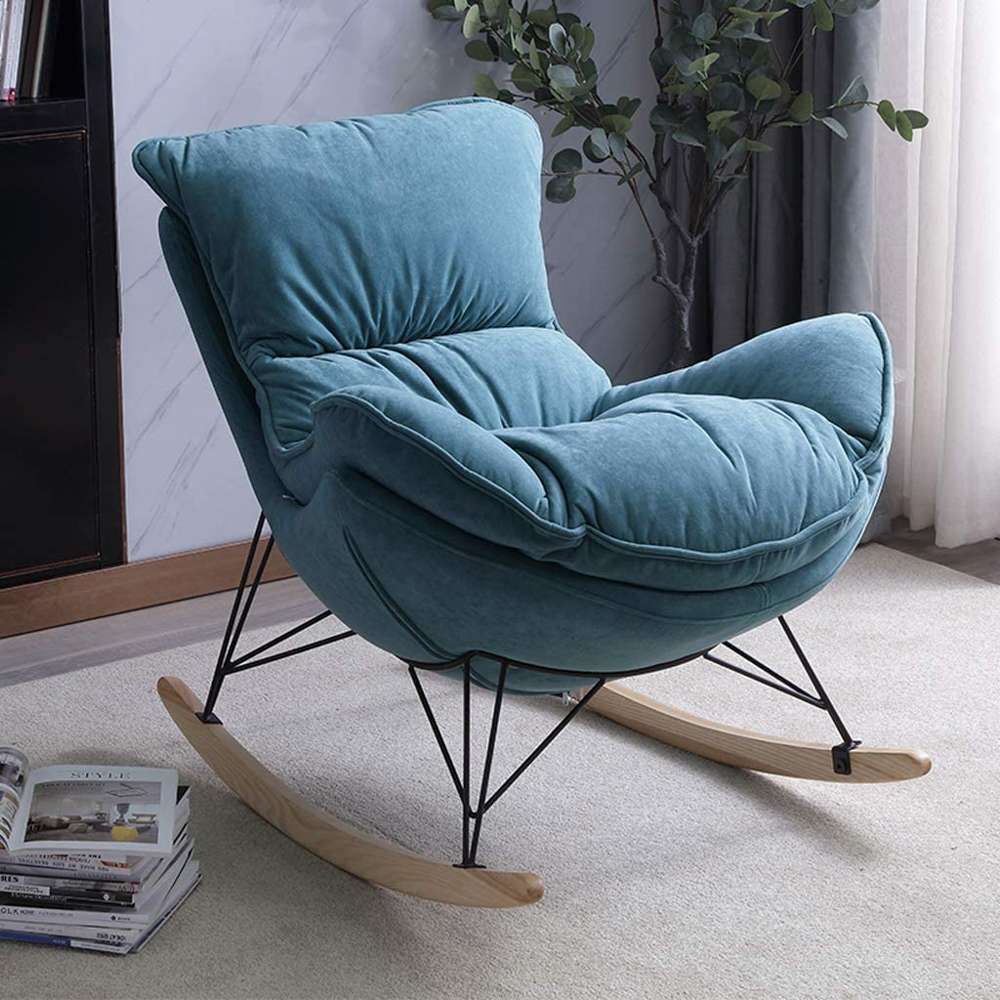 Nordic Rocking Chair with Soft Blue Fabric Made 0